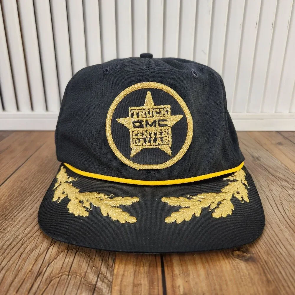 VTG GMC Truck Center Dallas Snapback Rope Hat Black Gold Embroidered Leaf USA